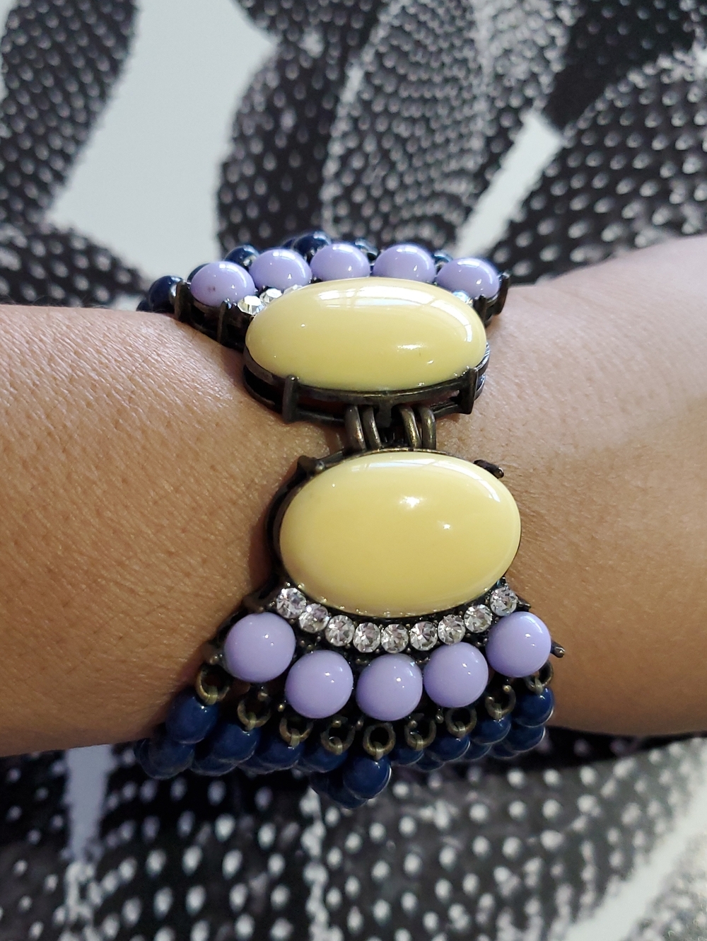 Vintage Yellow Lavender Blue Beaded Bracelet W Sparkle Gems Multi Strand Chunky